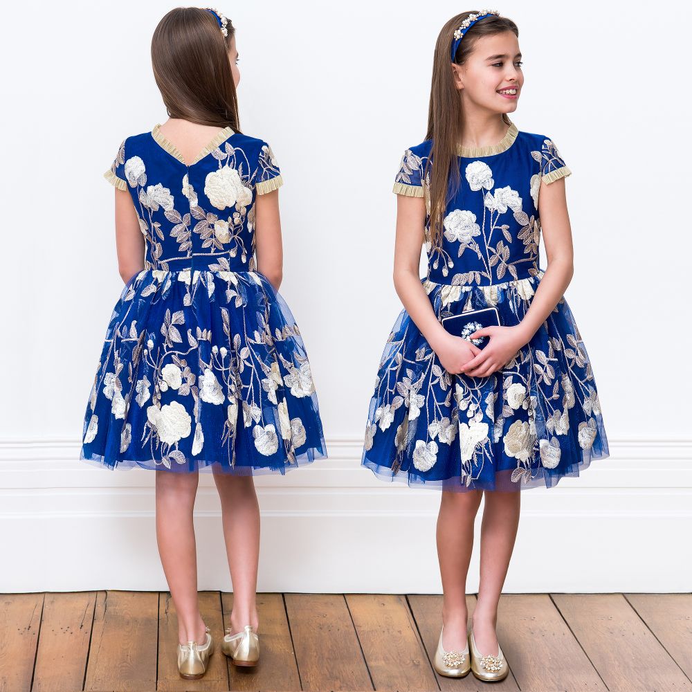 David Charles - Blue Embroidered Tulle Dress | Childrensalon Outlet