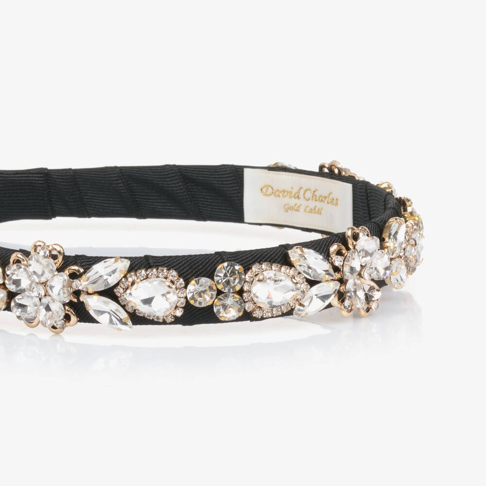 David Charles-Girls Black Crystal Flowers Hairband | Childrensalon Outlet