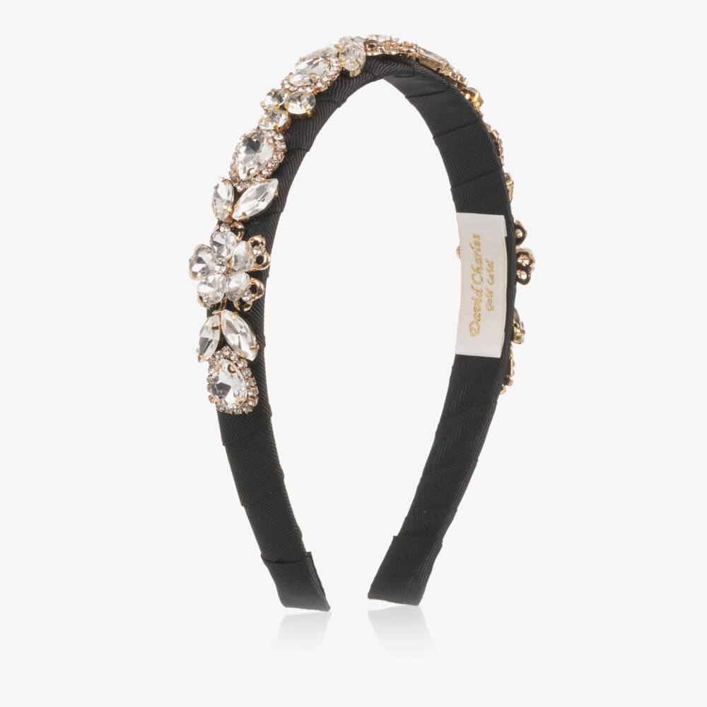 David Charles-Girls Black Crystal Flowers Hairband | Childrensalon Outlet