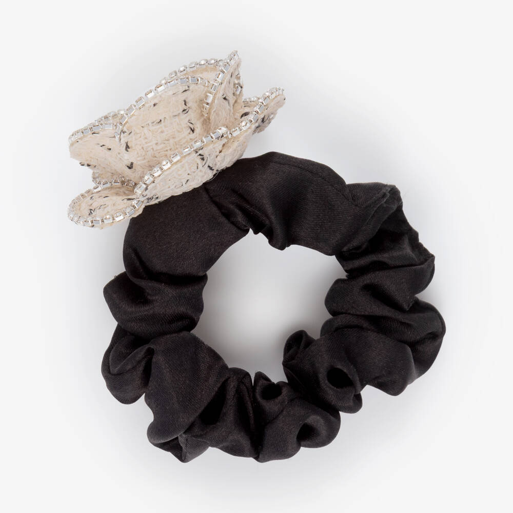 David Charles-Girls Black Satin & Diamanté Flower Hair Elastic | Childrensalon Outlet