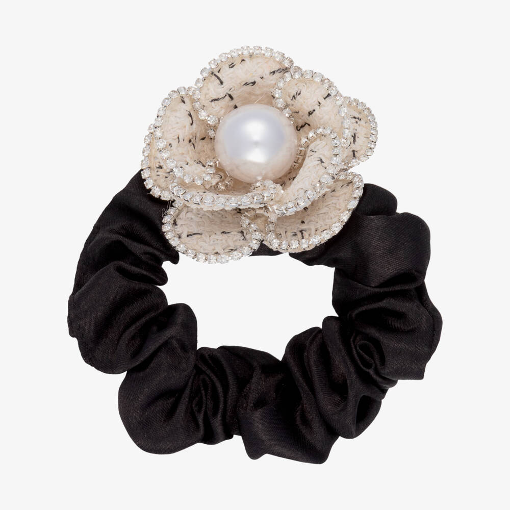 David Charles-Girls Black Satin & Diamanté Flower Hair Elastic | Childrensalon Outlet