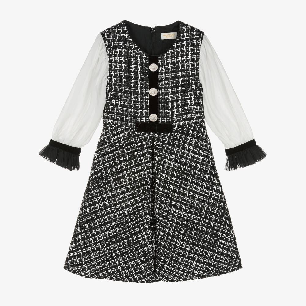 David Charles - Girls Black & White Tweed Dress | Childrensalon