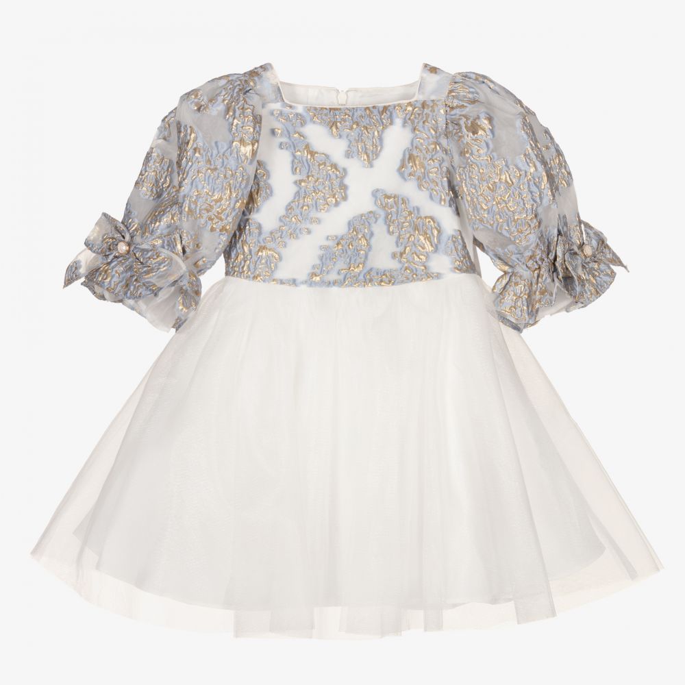 David Charles-Girls Blue Brocade Dress  | Childrensalon Outlet