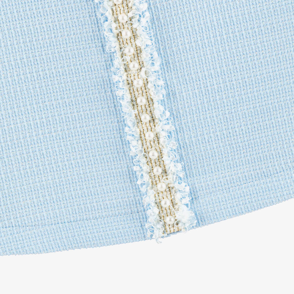 David Charles-Girls Blue Dress with Tweed & Pearl Trim | Childrensalon Outlet