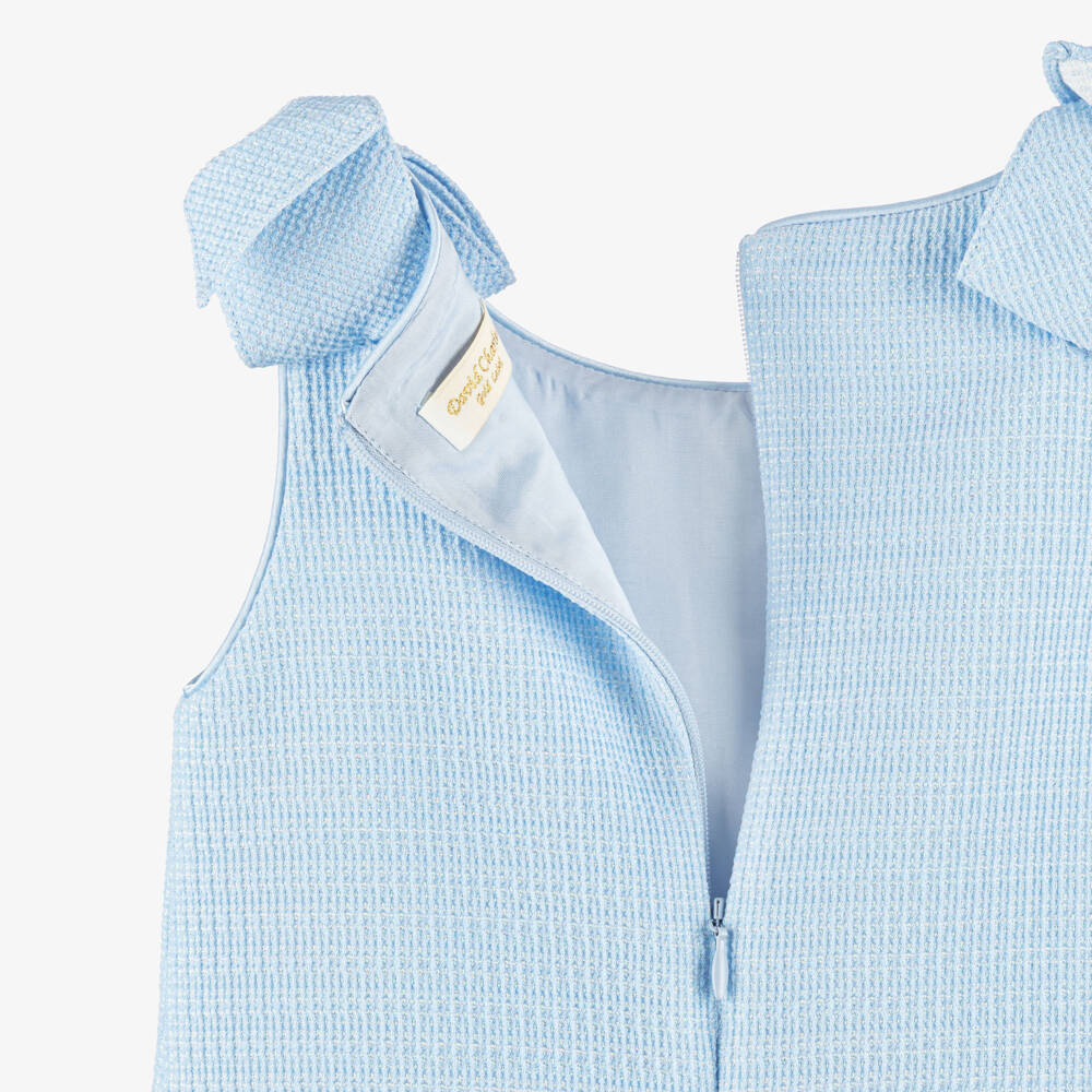 David Charles-Girls Blue Dress with Tweed & Pearl Trim | Childrensalon Outlet