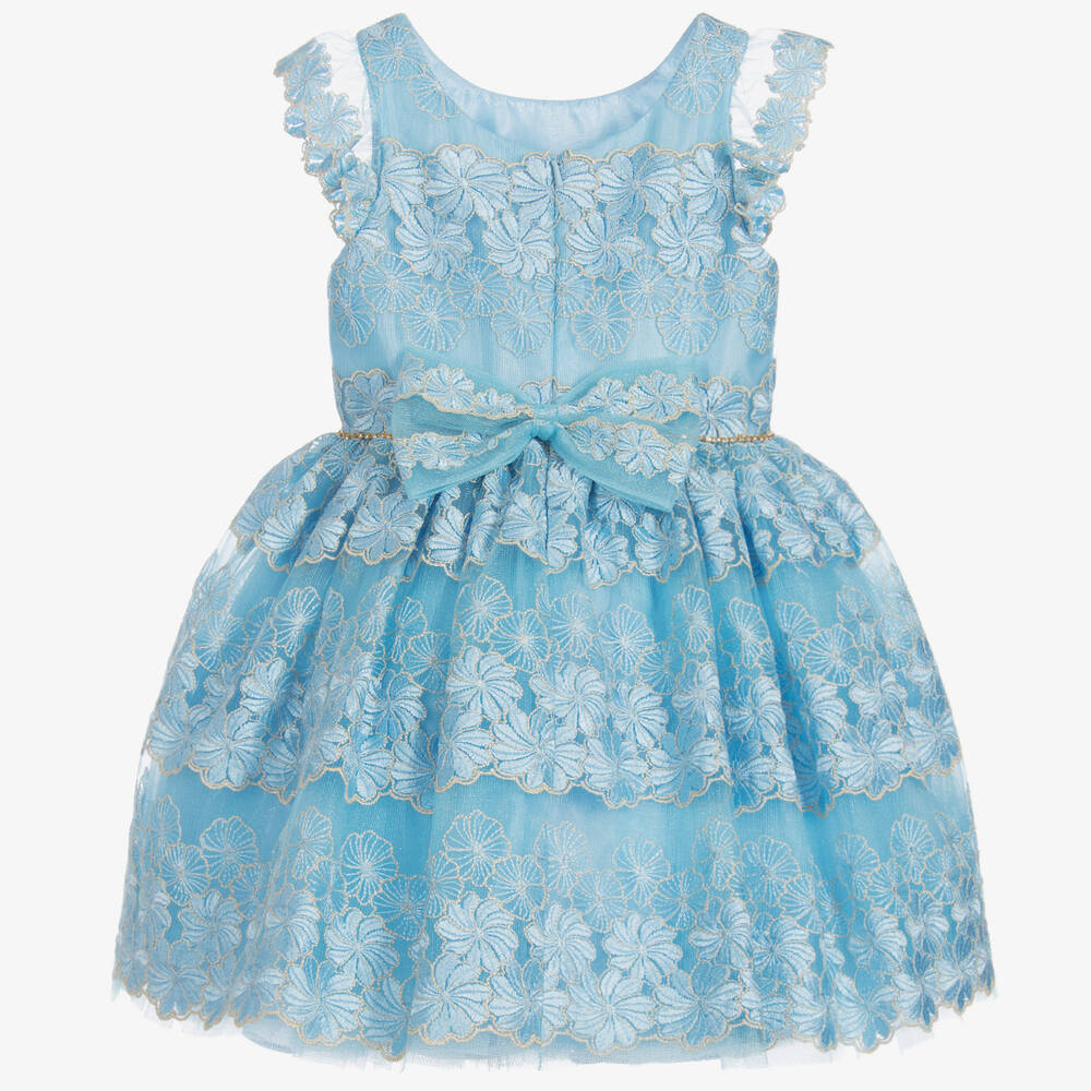 David Charles-Girls Blue Embroidered Dress | Childrensalon Outlet
