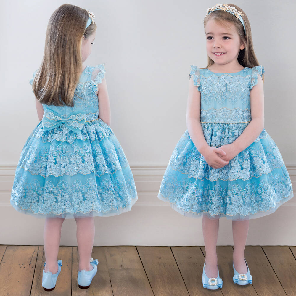 David Charles-Girls Blue Embroidered Dress | Childrensalon Outlet