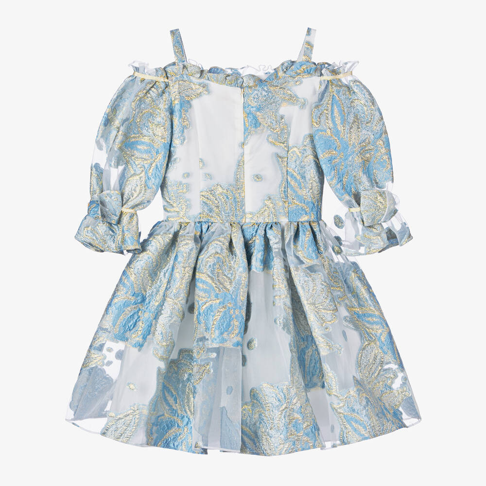David Charles-Girls Blue Floral Organza Dress | Childrensalon Outlet