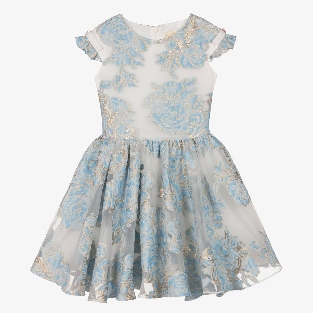 David Charles - Robe bleue et dorée à fleurs fille | Childrensalon