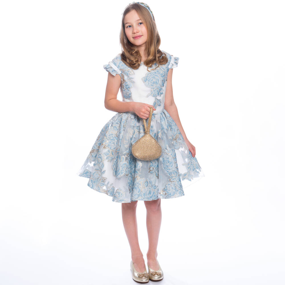 David Charles-Girls Blue & Gold Floral Brocade Dress | Childrensalon Outlet