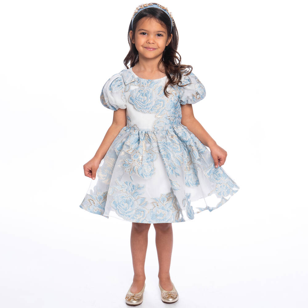 David Charles-Girls Blue & Gold Floral Brocade Dress | Childrensalon Outlet