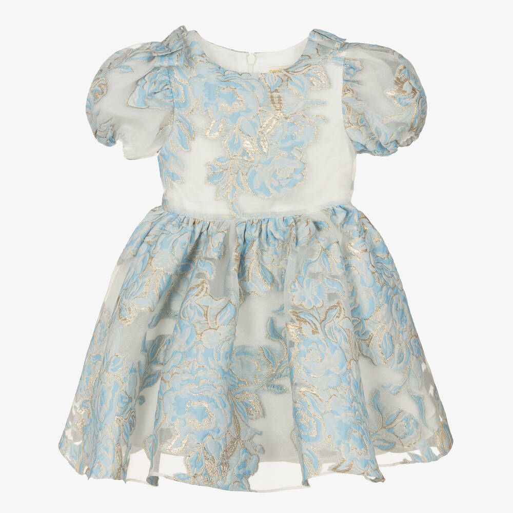 David Charles - Robe bleue et dorée à fleurs fille | Childrensalon