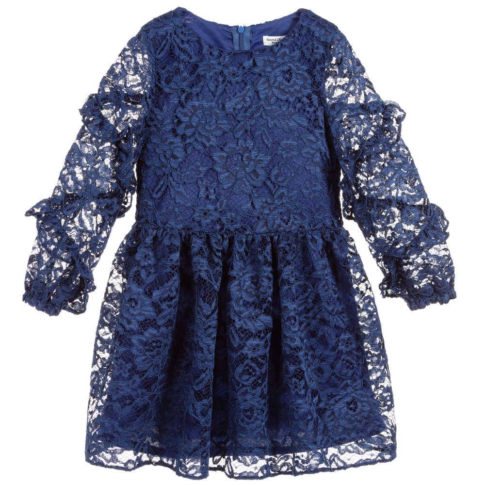 David Charles - Girls Blue Lace Dress | Childrensalon