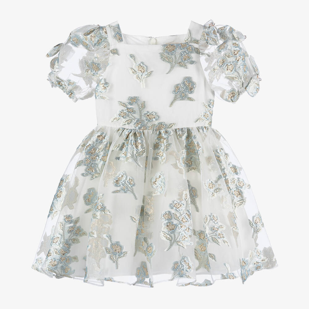 David Charles-Голубое платье из парчи и органзы для девочек | Childrensalon Outlet