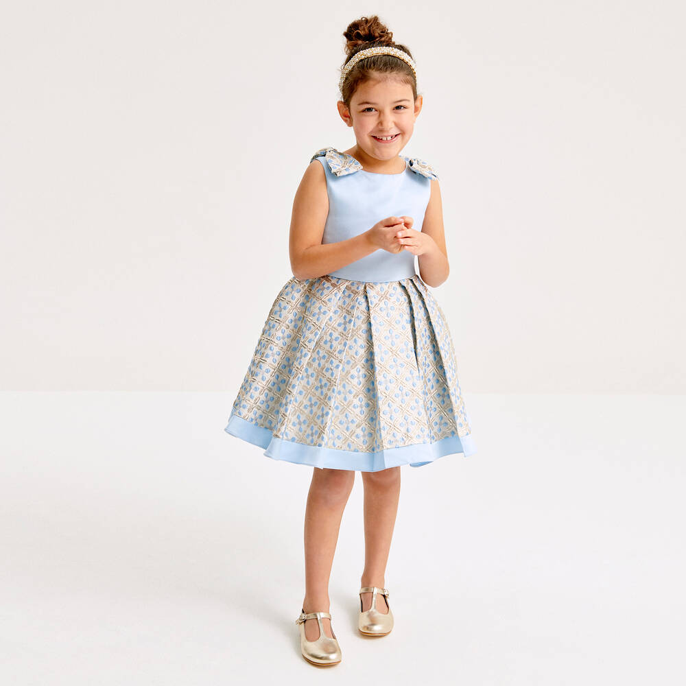 David Charles-Girls Blue Satin & Gold Brocade Dress | Childrensalon Outlet