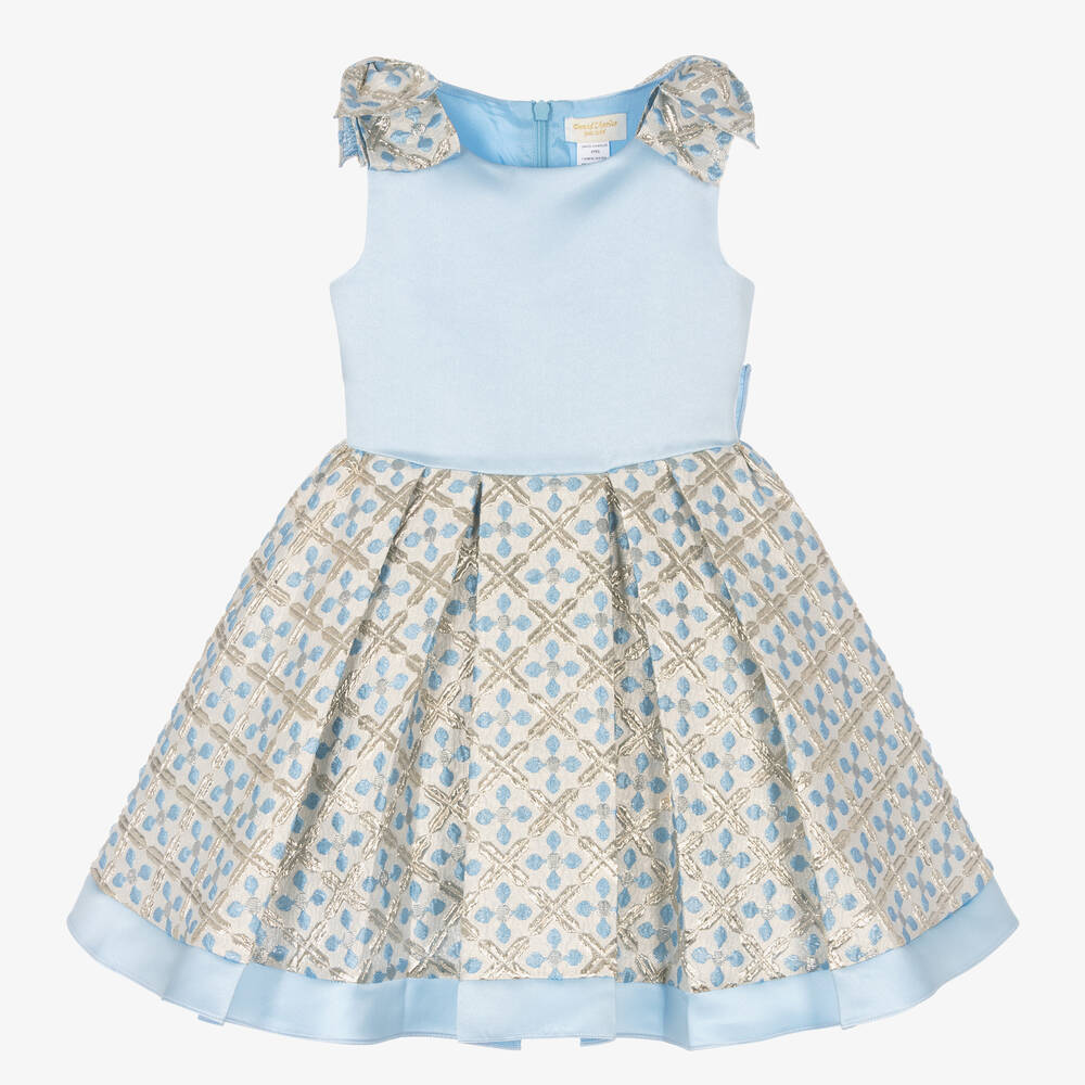 David Charles - Robe satin bleu brocart doré fille | Childrensalon