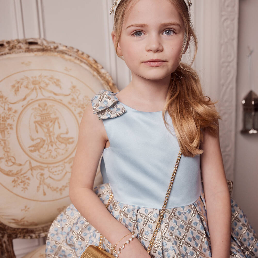 David Charles Girls Blue Satin Gold Brocade Dress