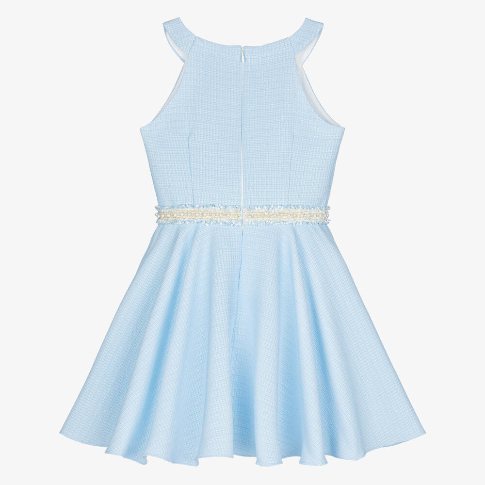 David Charles-Girls Blue Sleeveless Dress with Pearl Tweed Trim | Childrensalon Outlet