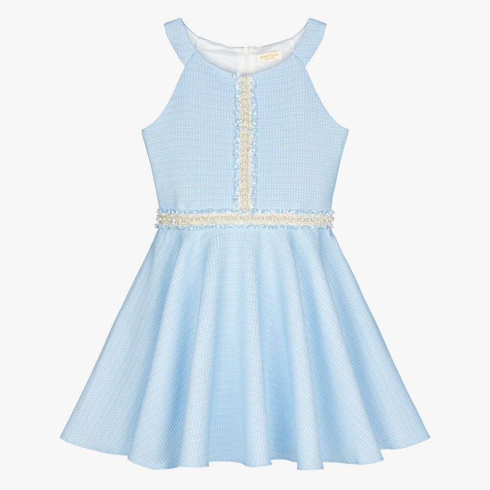 David Charles-Girls Blue Sleeveless Dress with Pearl Tweed Trim | Childrensalon Outlet