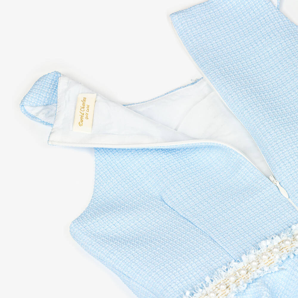 David Charles-Girls Blue Sleeveless Dress with Pearl Tweed Trim | Childrensalon Outlet