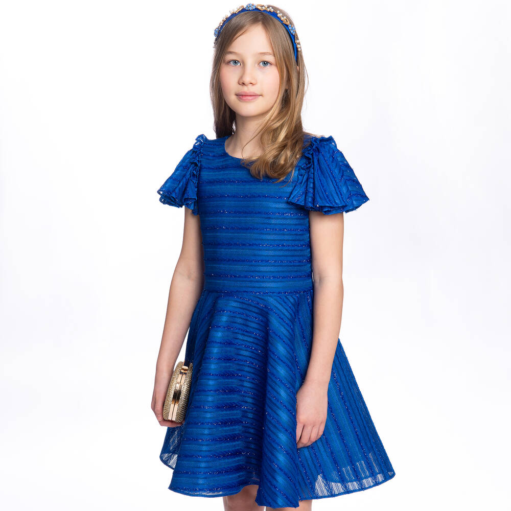 David Charles Girls Striped Neoprene Dress Girls Kids 10 Year Blue Silk by Childrensalon