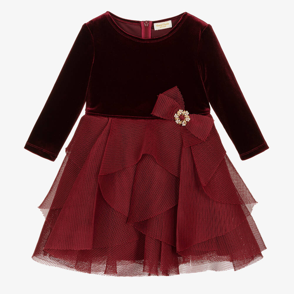 David Charles - Girls Burgundy Red Velour Dress | Childrensalon