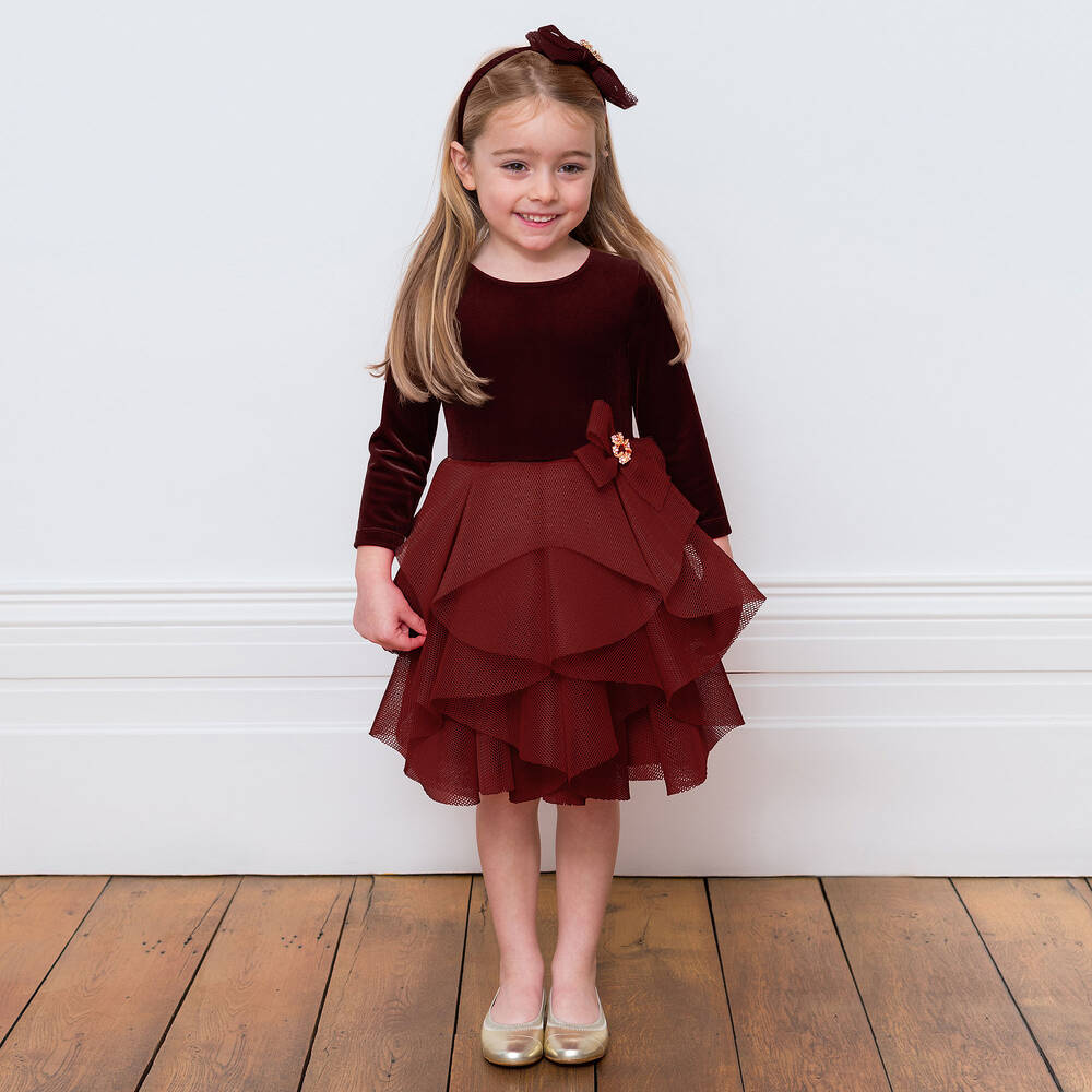 David Charles-Бордовое велюровое платье | Childrensalon Outlet