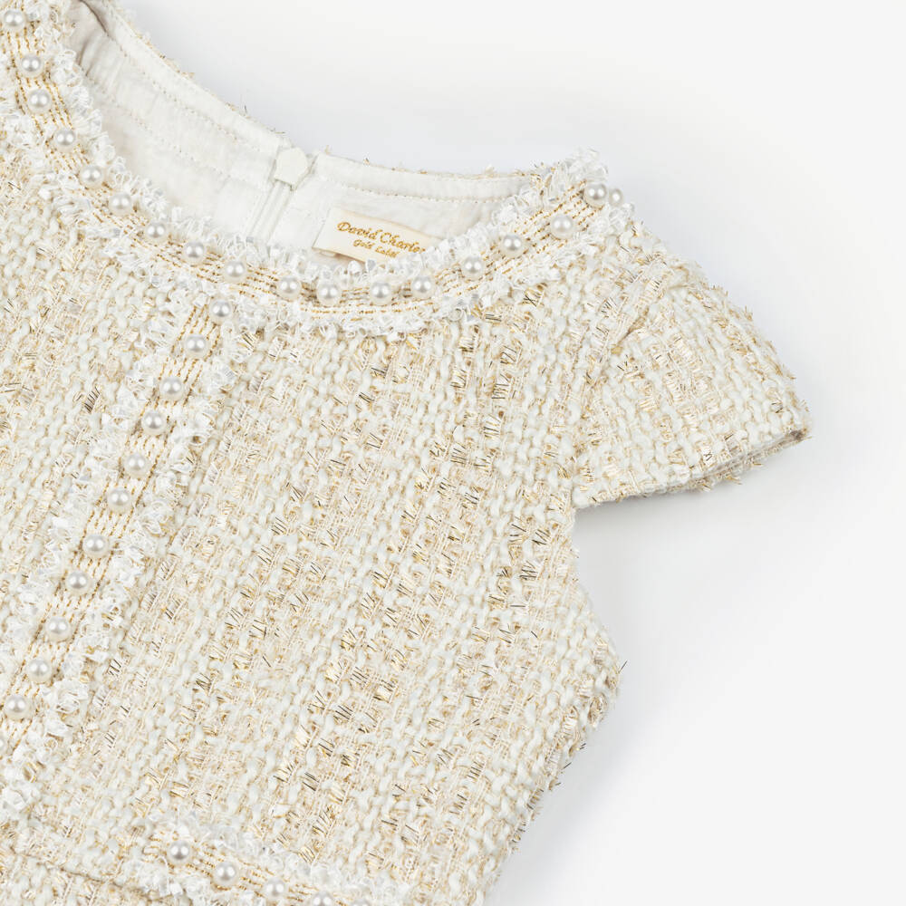 David Charles-Girls Elegant Ivory Tweed Pearl Dress | Childrensalon Outlet