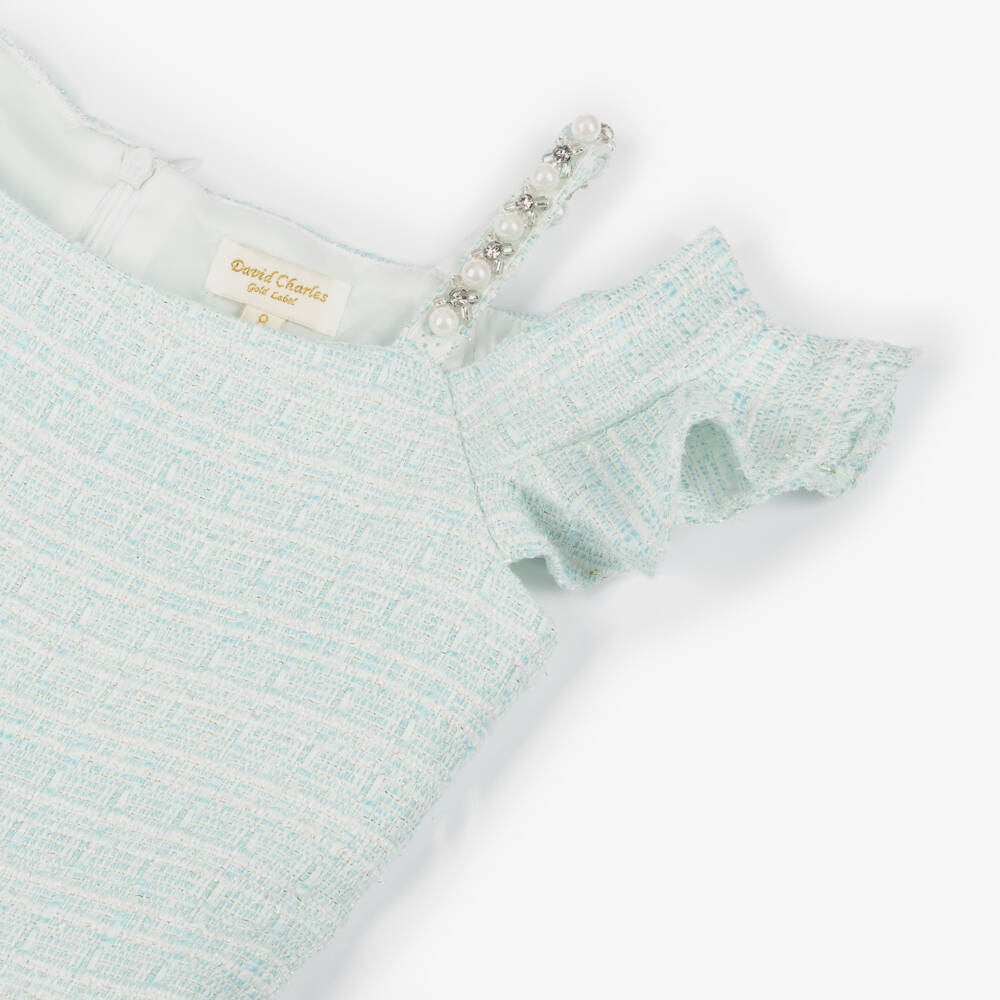 David Charles-Girls Elegant Turquoise Tweed Dress | Childrensalon Outlet