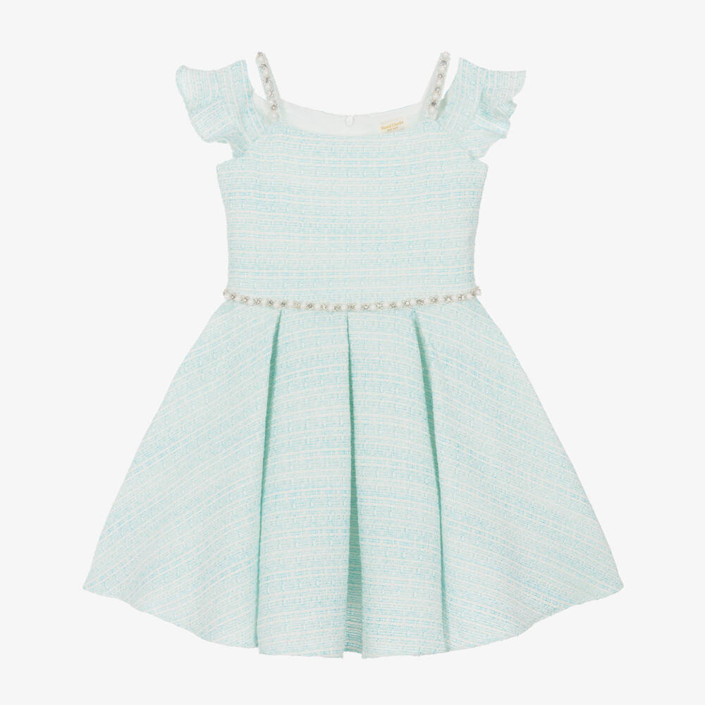 David Charles-Girls Elegant Turquoise Tweed Dress | Childrensalon Outlet