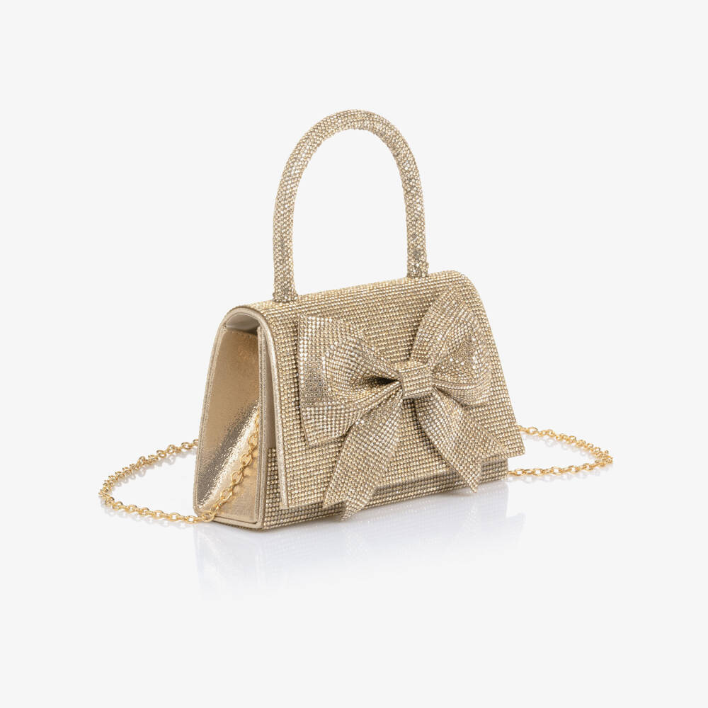 David Charles-Girls Gold Diamanté Bow Handbag (18cm) | Childrensalon Outlet