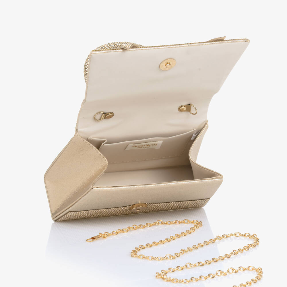 David Charles-Girls Gold Diamanté Bow Handbag (18cm) | Childrensalon Outlet
