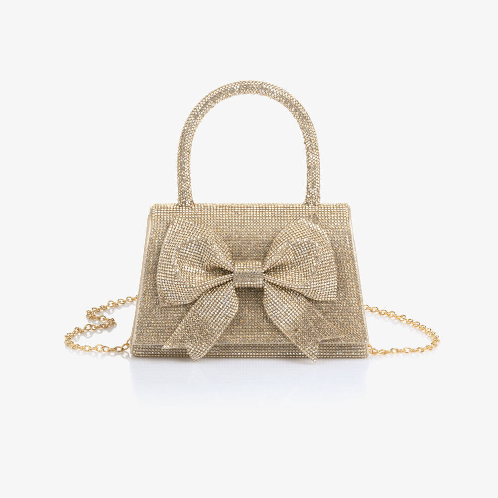 David Charles-Girls Gold Diamanté Bow Handbag (18cm) | Childrensalon Outlet