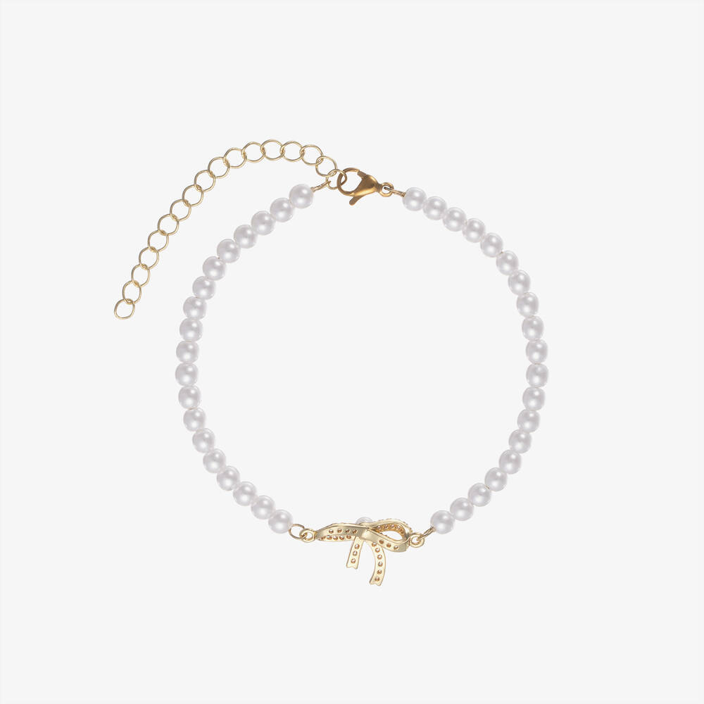 David Charles-Girls Gold Faux Pearl Bow Bracelet | Childrensalon Outlet
