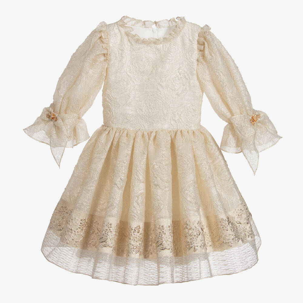 David Charles-Girls Gold Jacquard Dress | Childrensalon Outlet