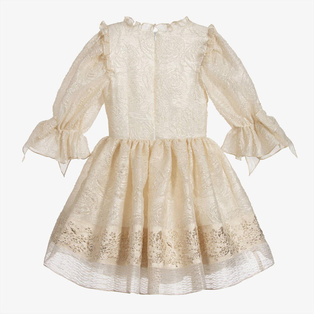 David Charles-Girls Gold Jacquard Dress | Childrensalon Outlet