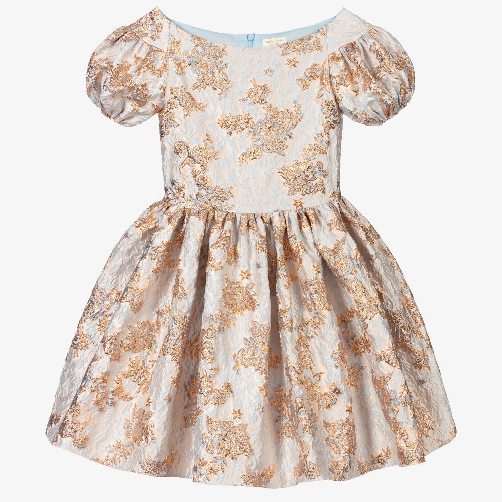 David Charles - Girls Gold Jacquard Dress | Childrensalon