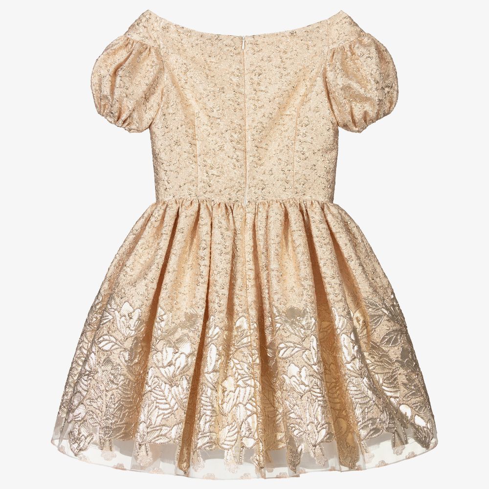 David Charles-Girls Gold Jacquard Dress | Childrensalon Outlet
