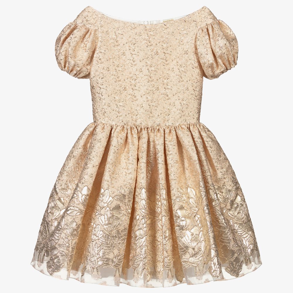 David Charles - Girls Gold Jacquard Dress | Childrensalon