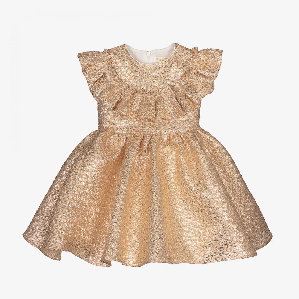 David Charles - Girls Gold Jacquard Dress  | Childrensalon