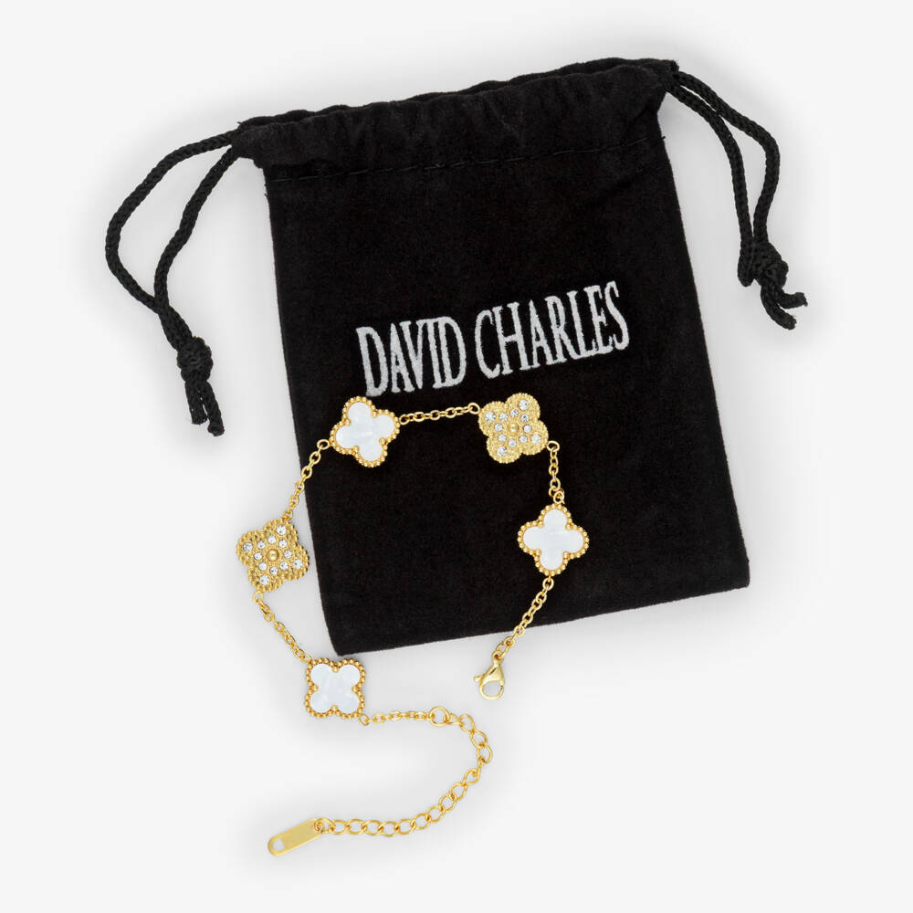 David Charles-Girls Gold Tone Diamanté & Mother-Of-Pearl Clover Bracelet | Childrensalon Outlet