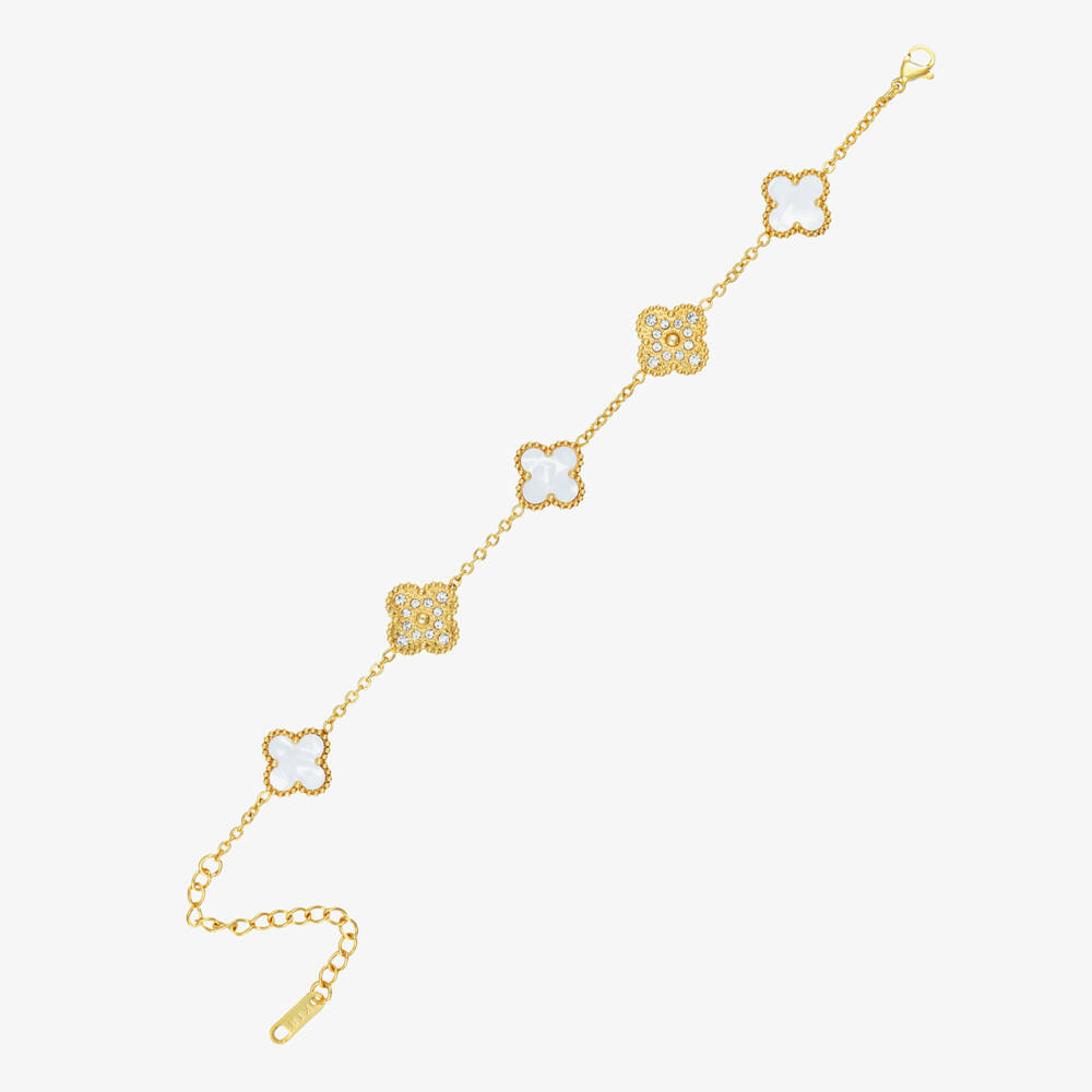 David Charles-Girls Gold Tone Diamanté & Mother-Of-Pearl Clover Bracelet | Childrensalon Outlet
