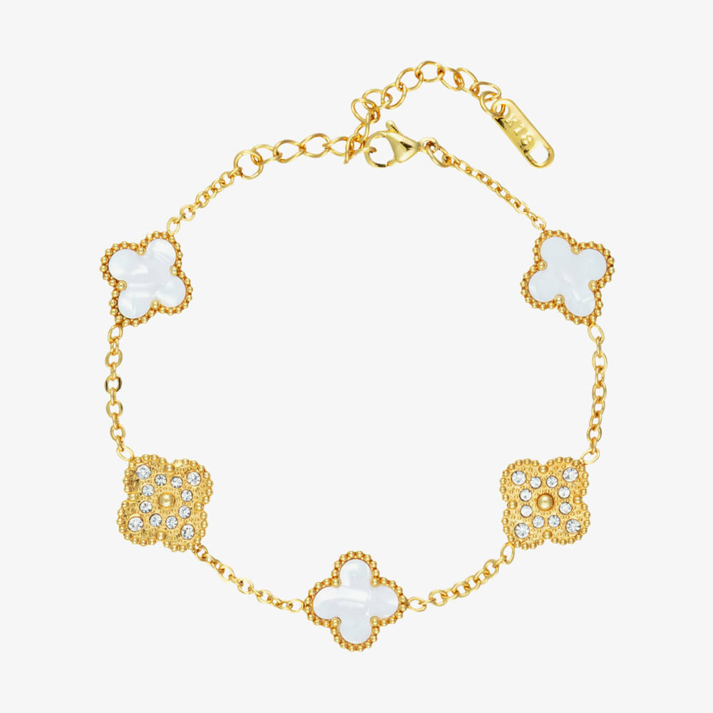 David Charles-Girls Gold Tone Diamanté & Mother-Of-Pearl Clover Bracelet | Childrensalon Outlet