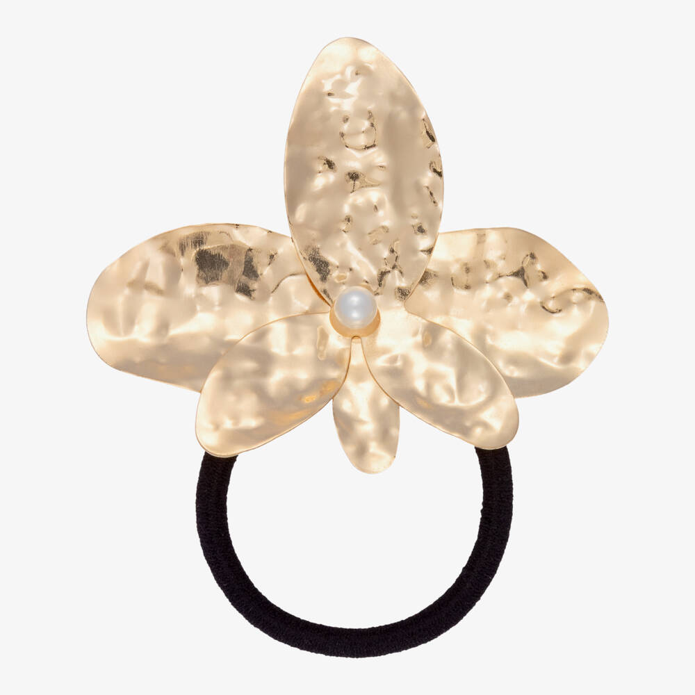 David Charles-Girls Gold Tone Flower Hair Elastic with Pearl (8cm) | Childrensalon Outlet