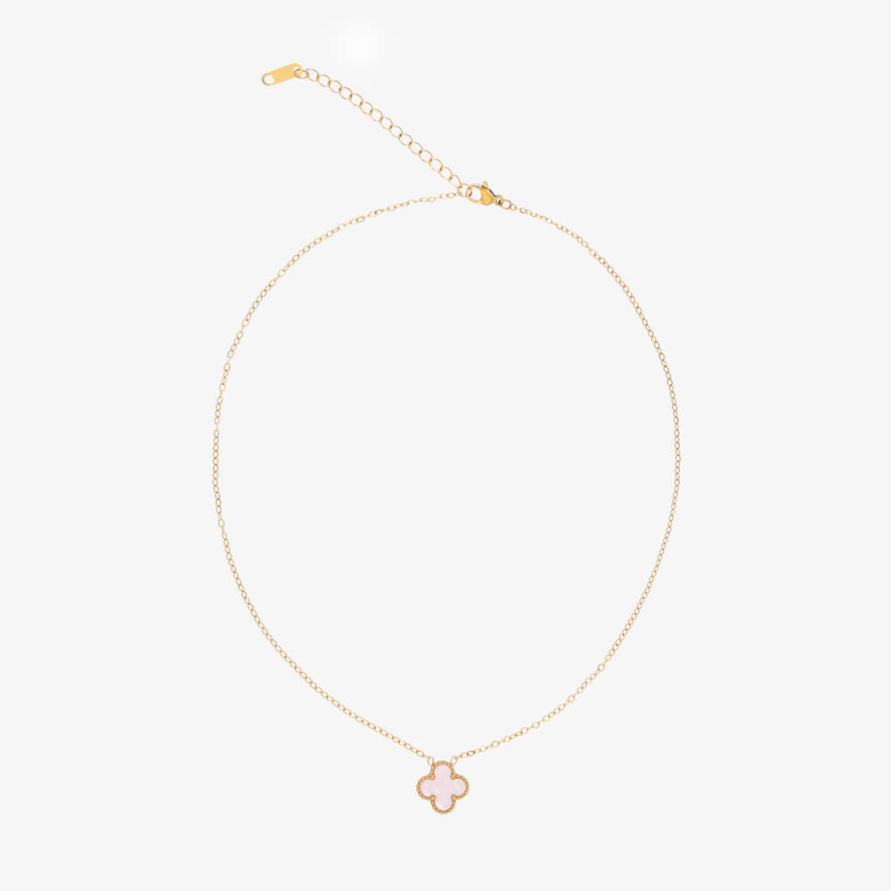 David Charles-Girls Gold Tone & Pink Clover Necklace (46cm) | Childrensalon Outlet