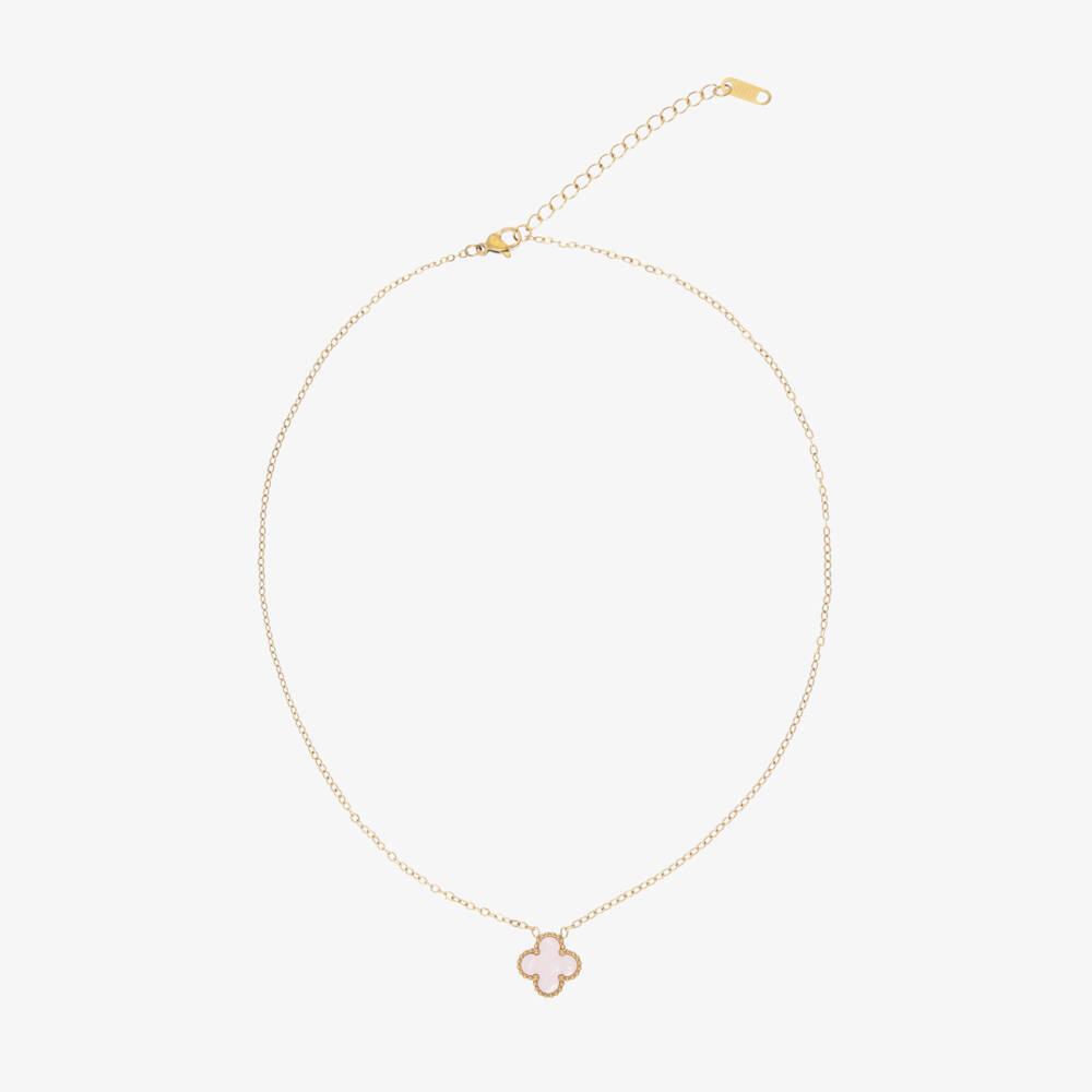 David Charles-Girls Gold Tone & Pink Clover Necklace (46cm) | Childrensalon Outlet