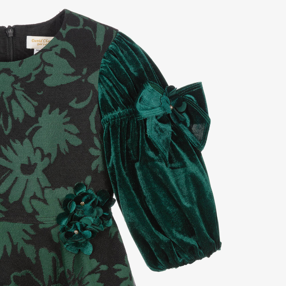 David Charles-فستان بروكاد مزيج قطن مخمل لون أخضر | Childrensalon Outlet