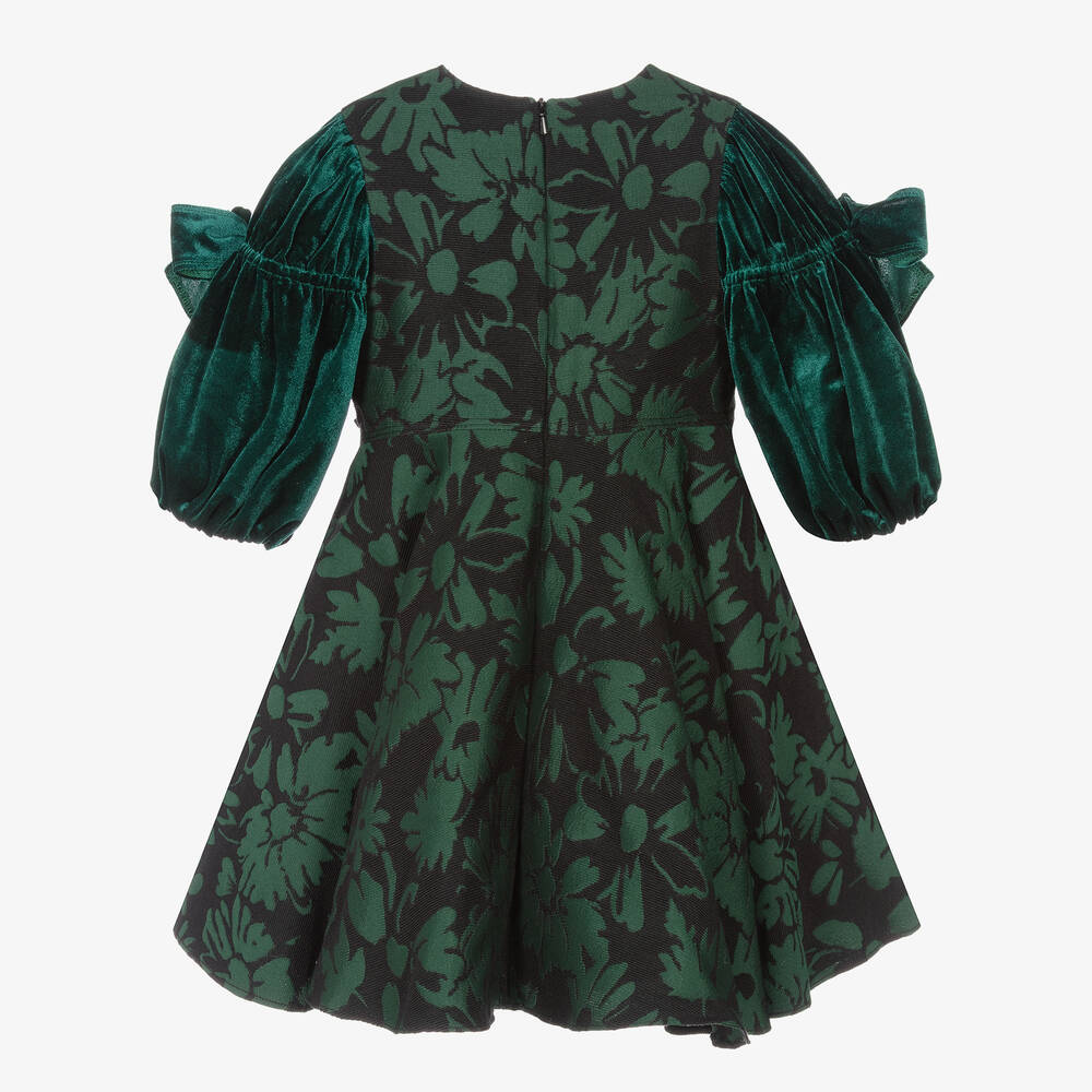 David Charles-فستان بروكاد مزيج قطن مخمل لون أخضر | Childrensalon Outlet