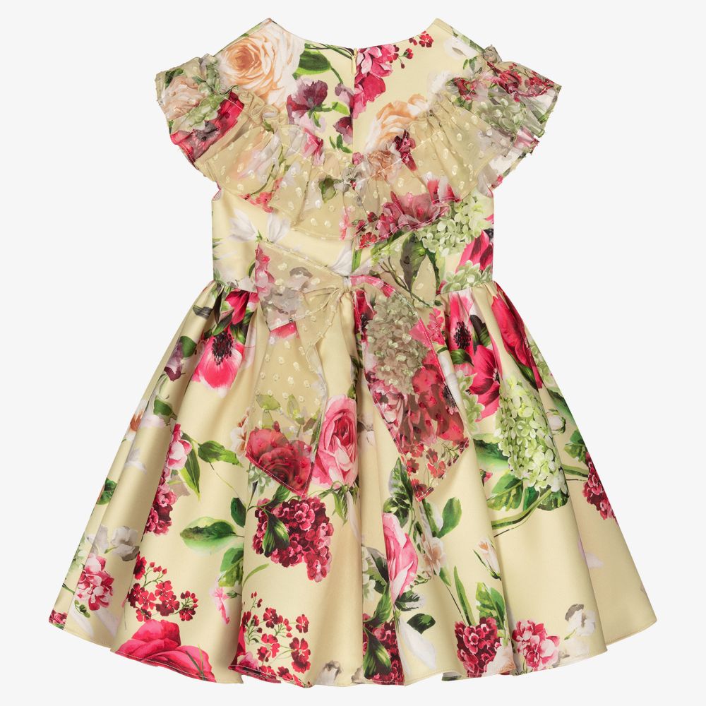 David Charles-فستان ساتان لون أخضر ليموني باهت بطبعة ورود | Childrensalon Outlet