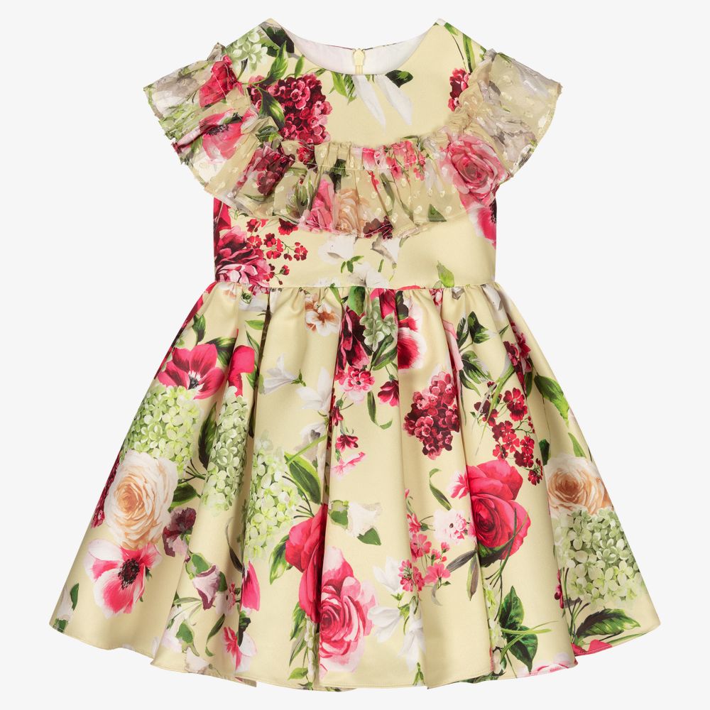 David Charles - Girls Green Floral Satin Dress | Childrensalon